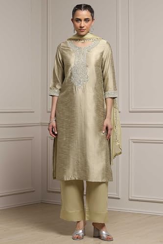 Biba Women Light Green Viscose Blend Straight Dyed Suit Set_42
