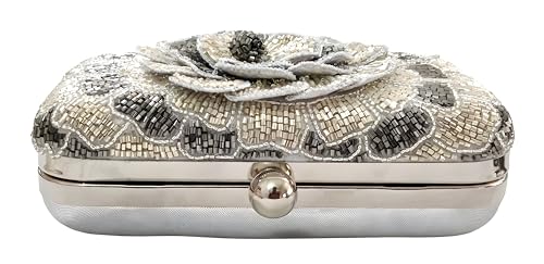 DUCHESS Women's & Girls Embroidered Floral Handle Clutch for Party Wedding (Silver)