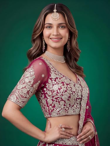 Zeel Clothing Women's Zari Sequins Embroidered Work Soft Net Lehenga Choli With Dupatta (6013-Pink-Womens-Lehenga-Choli-New; Free size)