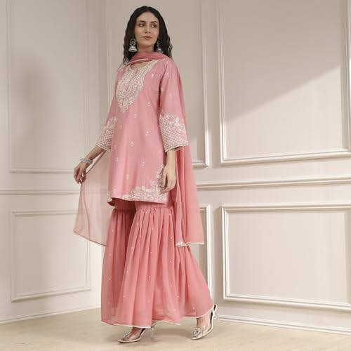 BIBA Women Light Pink Cotton Silk Embroidered Straight Suit Set_42