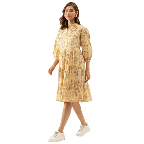 Divena Yellow Floral Printed Rayon Dress for Women