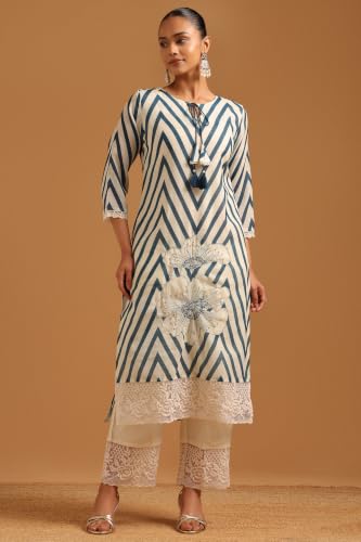Soch Womens Teal Cotton Blend Printed Chevrons Machine Weave Sequence Work Salwar Suit