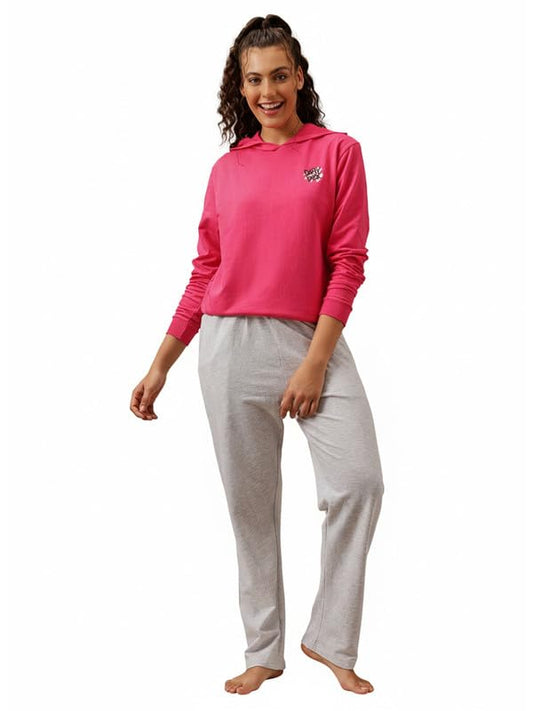 Clovia Women's Wintewear Terry Cotton Graphic Print Sweatshirt with Pyjama Set (COMLS0722_Pink & Grey_S)