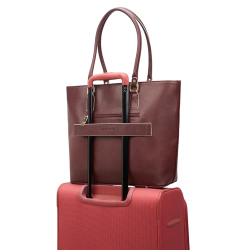 Caprese Lexi Large Laptop Tote Bag for Women | Solid Faux Leather Shoulder Handbag with Zipper Closure | External Eyewear/Sunglass Charm Case | Perfect for Office & Travel Use (Cherry Lacquer)
