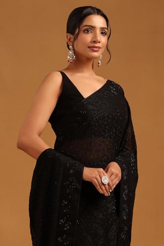 Soch Womens Black Georgette Botanical Saree With Stone Work