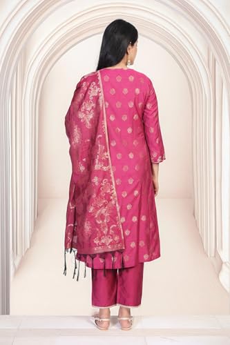 W for Woman Pink Ethnic Motifs Zari Embroidered A-Line Jacquard Kurta with Straight Pant and Dupatta Set (WS13239-314442-S)