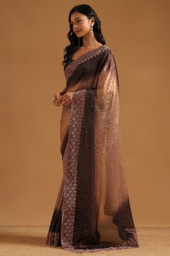 Soch Womens Brown Fendy Organza Ombre Stone Embellished Saree