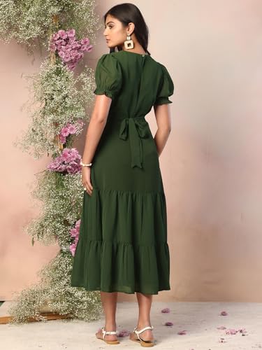 FabAlley Women's Chiffon Olive Green V-Neck Midi Dress with Tie Up Belt (DRS06375