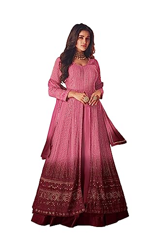 RUDRAPRAYAG Georgette and Santoon Anarkali Long Gown for Women | Semi Stitched Anarkali Gown for Women | Gown in Clothing & Accessories Pink_Free Size