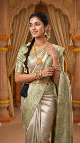 VFCollections Women's Traditional Handloom Kanchipuram Silk Pure Pattu Sarees | Rich Zari Woven Design | Bridal Saree | Unstitched Blouse (Vfc135-8), Pink,Green