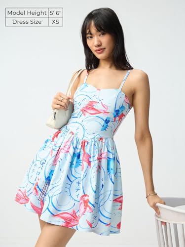 The Souled Store Hello Kitty: Indigo Wave Women and Girls Sleeveless Sweetheart Neck Light Blue Graphic Printed Cotton Fit and Flare Lightweight Casual Dress