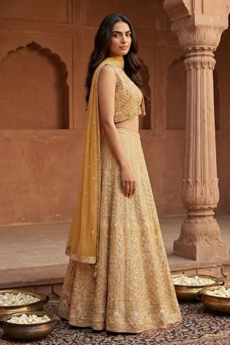 Aurelia Women's Yellow Sequins Georgette Blouse and Skirt set with Dupatta and Jacket - (AD10774-E609524-L)