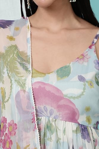 W for Woman Light Blue Floral Printed Gathered Sleeveless Chiffon Kurta with Pants and Dupatta Set (Size: 2XL)-WS12548-125443