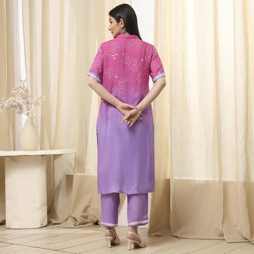 BIBA Women Lilac and Pink Printed Straight Co-ord Set_46