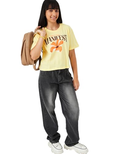 Max Girls Printed T-Shirt (Yellow_12-14 Y)