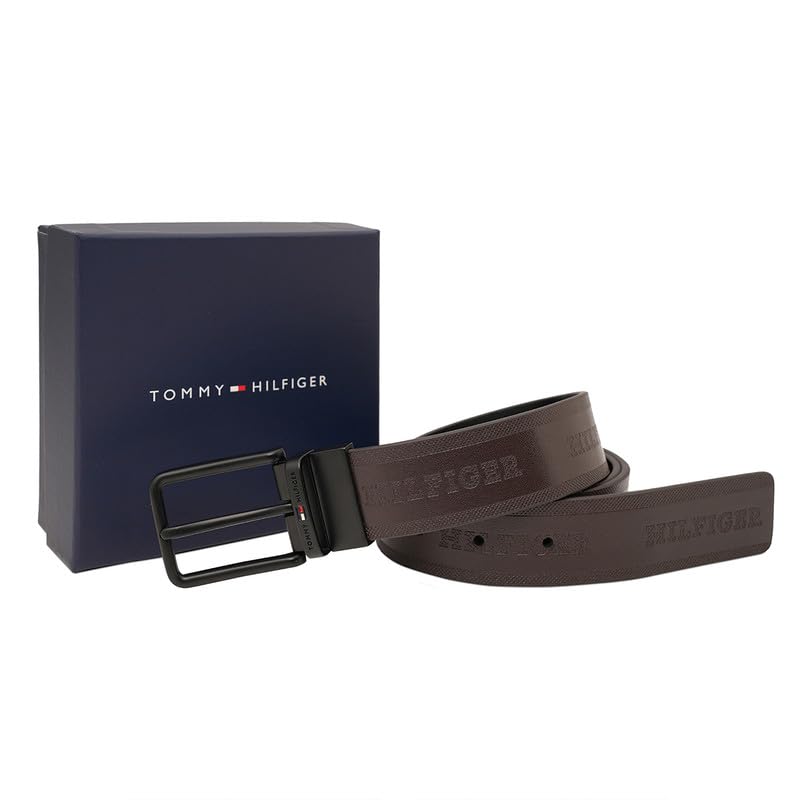 Tommy Hilfiger Men's Voborg Reversible Leather Belt - Embossed Logo Pattern - Dual Brown & Black For Classic Casual Styling & Gifting | Size M - 90 CM