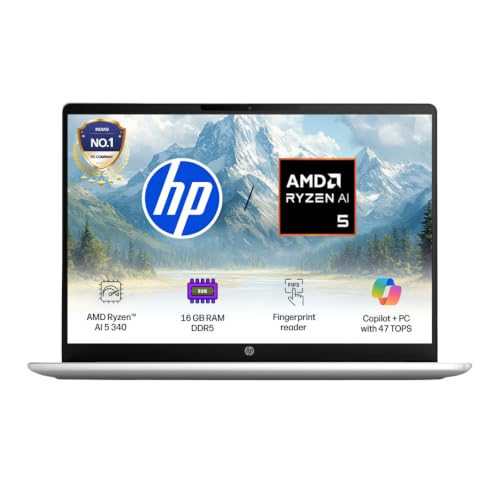 HP OmniBook 3 AMD Ryzen AI 5 340 Next Gen AI Laptop, (16GB DDR5, 512GB SSD), Anti-Glare,15.6''/39.6cm FHD, Win11,Office24, Silver,1.7kg, FHD Camera w/Privacy Shutter, fn0007AU