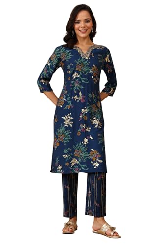 W for Woman Royal Blue Foil Floral Printed Vicuna Crepe Straight Kurta and Pants Set (Size: XS)-24AUWS11761A-125031