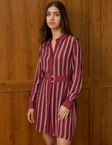 U.S. Polo ASSN. Women Abstract Printed Mini Shirt Dress with Belt (UWAW25DRS193_Red_S)