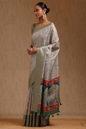 Soch Womens Light Teal Tussar Botanical Print Saree