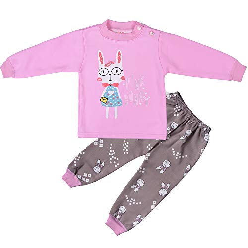 MUMMMIA Unisex Baby Sweatshirt & Pajama Winter Set with Thick Velvet Lining_Pink Bunny (Powder, 1-2 Years)