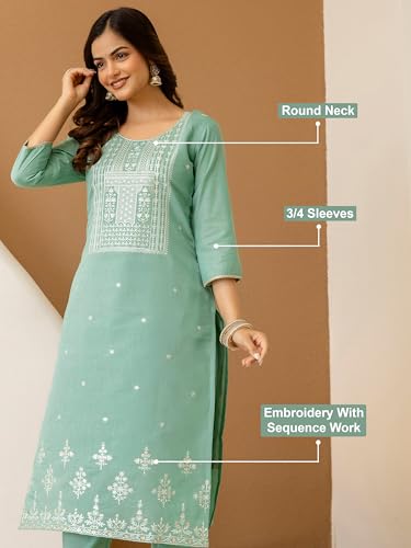 TRENDMALLS Women's Cotton Silk Embroidery Work Kurta Pant Set with Dupatta (G399-LightGreen-M-)