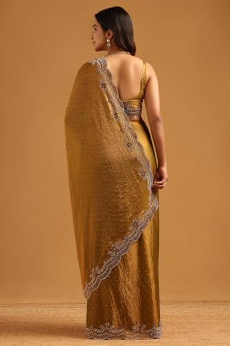 Soch Womens Olive Fendy Organza Stone Work Embellished Saree