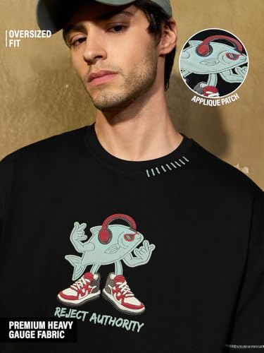 The Souled Store Oversized T-Shirt: Reject Authority Men and Boys Short Sleeves Round Neck Black Embellished Casual Lightweight Drop Shoulder Streetwear Trendy Oversized T-Shirts