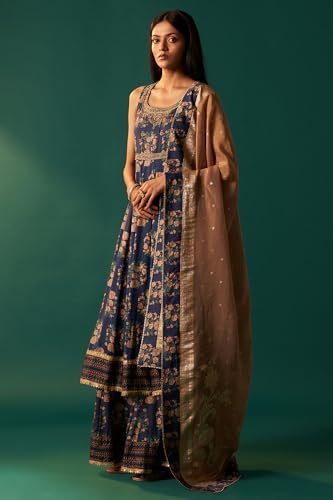 Wishful Women's Navy Blue Floral Printed Beaded Anarkali Modal Satin Kurta with Culottes and Dupatta Set (SP12626-125810-L)