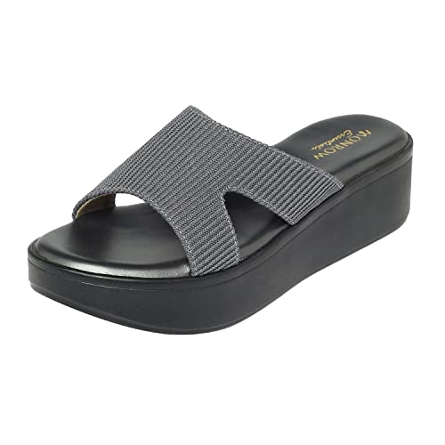 MONROW Inaya Mesh Wedge Heels for Women, Grey, UK-5 | Fancy & Stylish Heel sandals, Casual, Comfortable Fashion Heel Sandal