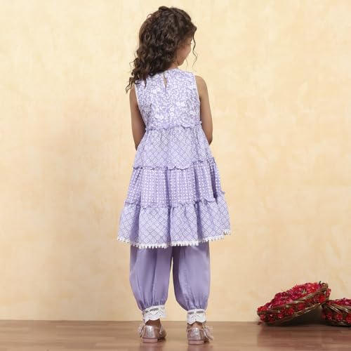BIBA Girl's Purple Cotton Tiered Printed Kurta Salwar Set