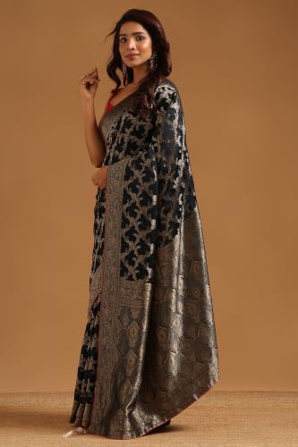 Soch Womens Black Satin Botanical Zari Woven Saree