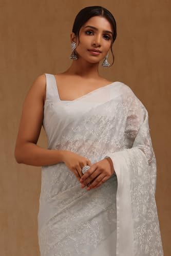 Soch Womens Grey Chanderi Floral Print Saree With Thread Work