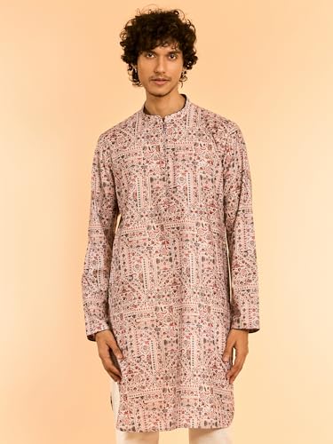 DIWAS BY MANYAVAR Men's Cotton Blend Digital Print Zip Neck Kurta Set (Beige,XXL)