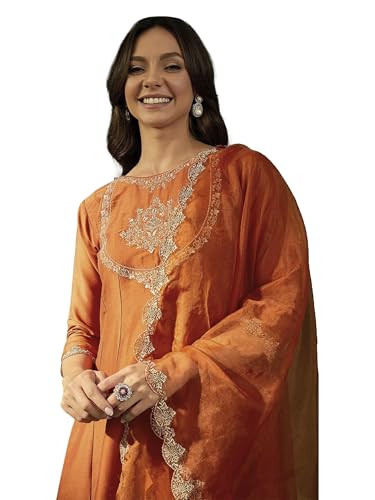 TRENDMALLS Women's Silk Embroidery A line Kurta Pant Set with Dupatta (G263-Orange-M-)