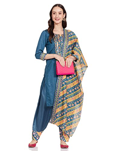 BIBA Women's Ethnic Blue Cotton Kurta Suit Set (Size_3XL)