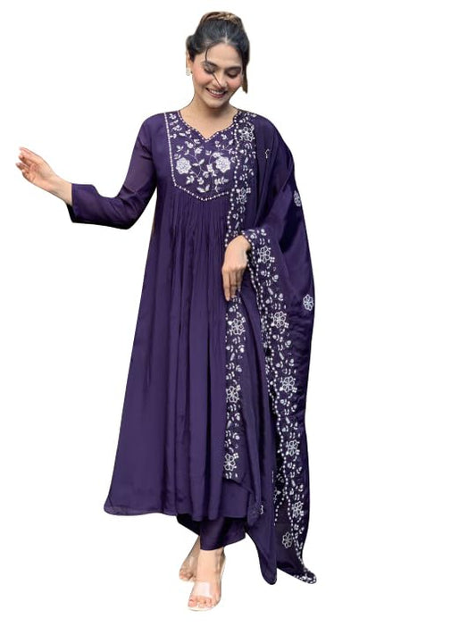 CICICA Salwar Suit Set With Dupatta For Women | Anarkali Chinon | Embroidery Set | Embroidered Suits | Flared Dress | Violet Kurta Set | Three Piece