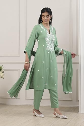 BIBA Women Green Viscose Rayon Straight Suit Set_36