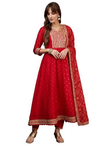 NIVANA Embroidered Anarkali Kurta with Pant & Bandhni Printed Dupatta | XXL | Hot Pink | V-Neck | 3/4 Sleeves