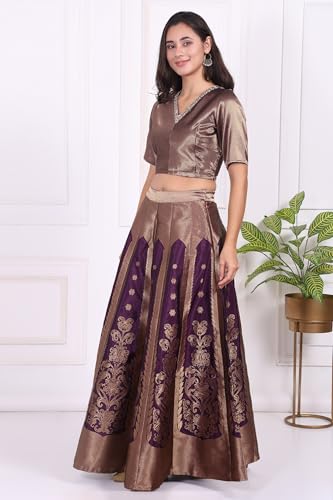 W for Woman Purple Embellished Jacquard Straight Crop Top, Skirt and Dupatta Set - (WS13240-314468-XL)