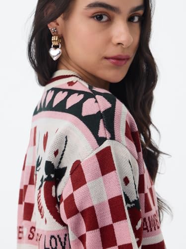 The Souled Store: Berry Love Women and Girls Full Sleeves V-Neck Pink and Red Printed Acrylic Lightweight Casual Pullover Oversized Sweater