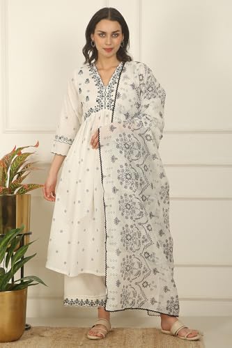 W for Woman White Printed Thread Embroidered Chanderi Kurta, Pants and Kota Dupatta (Size: S)-WS12713-125553
