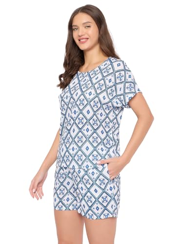 Clovia Women's Rayon Printed Top & Shorts Set (LS0533C18_White,Blue_XL)