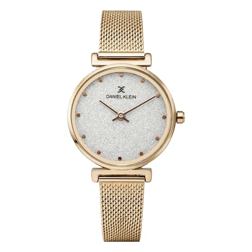 Daniel Klein Analog Silver Glitter Round Dial Rose Gold Mesh Strap Water-Resistant Wrist Watch for Women Girls, Ladies DK12070-3
