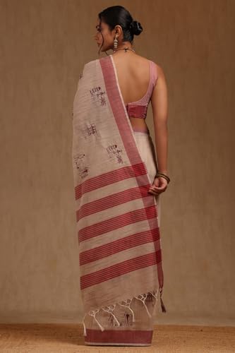 Soch Womens Beige Chanderi Warli Print Saree With Thread Work