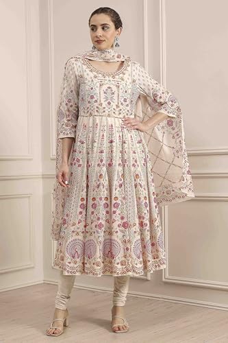Biba Women's Off White Cotton Anarkali Printed Lehenga Set