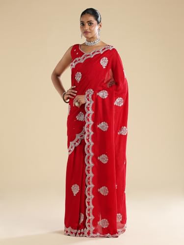 AKHILAM Women's Red Vichitra Silk Ethnic Motif Embellished Saree With Unstitched Blouse Piece (ANIKA2402_AG)