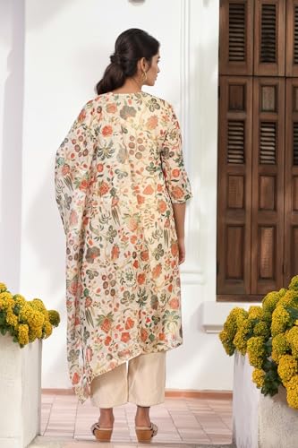 W for Woman Off-White Floral Printed Lace Trim Straight Tissue Kurta with Straight Pant and Dupatta Set (WS13276-126620-XS)