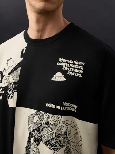 The Souled Store Rick and Morty: Nothing On Purpose Men and Boys Short Sleeves Round Neck Black and Off White Graphic Printed Casual Lightweight Drop Shoulder Streetwear Trendy Oversized T-Shirts