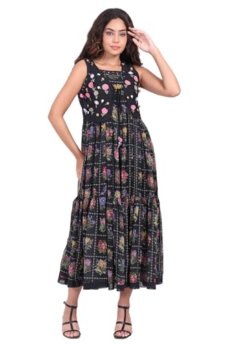 W for Woman Black Floral Printed Poly Georgette Flared Dress with Embroidered Waist Coat Set - (W12969-125847-M)